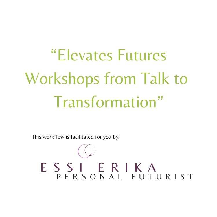 Promotional text for 'Elevates Futures Workshop from talk to transformation ' by Essi Erika on a white background