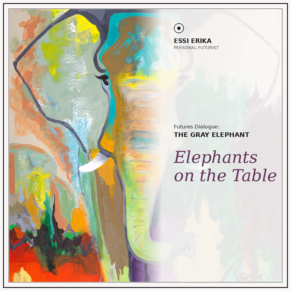 Futures Dialogue cover featuring a colourful abstract elephant painting with “The Gray Elephant” title and typography