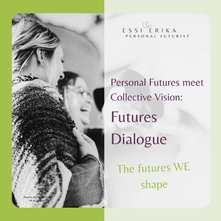 Promotional graphic for 'Personal Futures meet Collective Vision' with text and a photo of people interacting.
