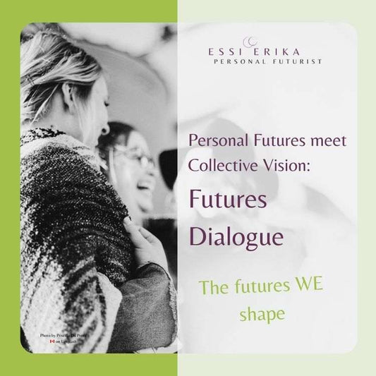 Promotional graphic for 'Personal Futures meet Collective Vision' with text and a photo of people interacting.
