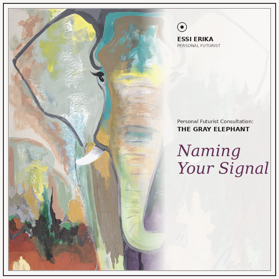 Personal Futurist Consultation cover featuring an abstract gray elephant painting and purple “Naming Your Signal” title text