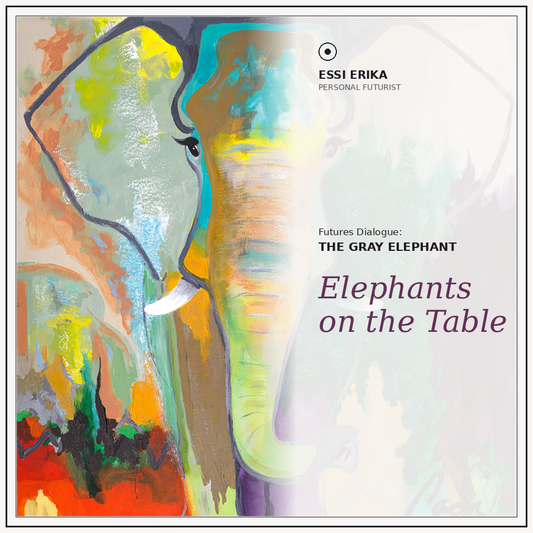 Futures Dialogue cover featuring a colourful abstract elephant painting with “The Gray Elephant” title and typography