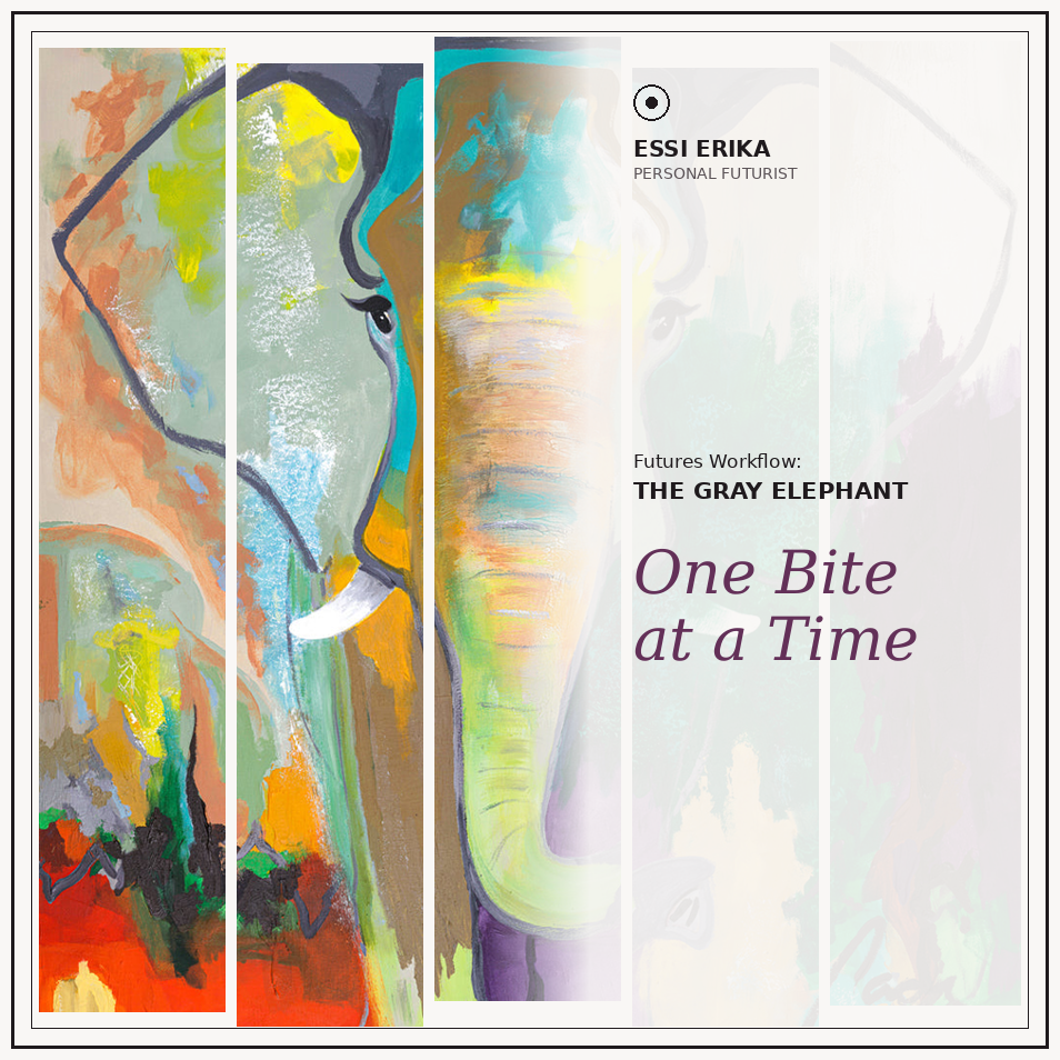 Futures Workflow digital workshop cover featuring a colourful abstract elephant and “One Bite at a Time” title